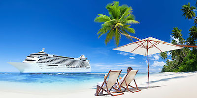 Cruise Ship in Bay of Tropical Island